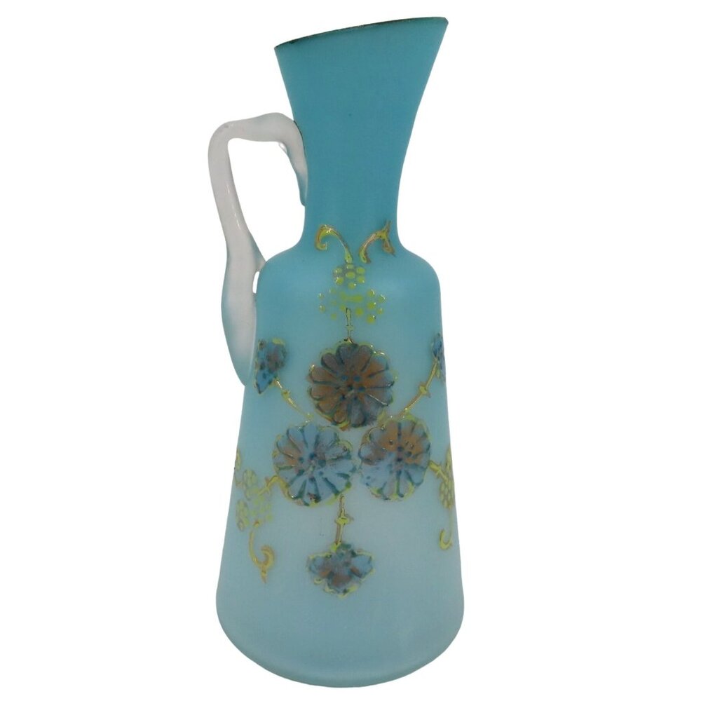 Antique Blue Satin Glass Gold Flower Floral Cruet Dressing Pitcher 6.9in Country